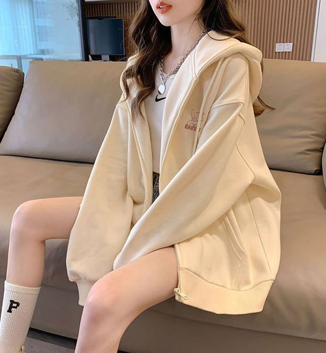 Embroidered Pattern Hooded Sweatshirt Girls' Cardigan Jacket 2026 Spring, Autumn and Winter New Style Lazy Style Loose Long-Sleeved Top