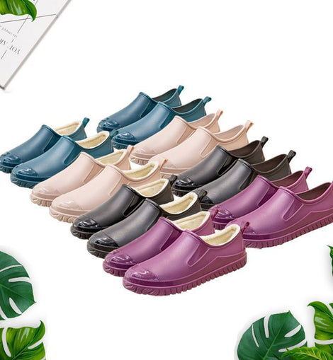 Thickened New Rain Boots Women's Four Seasons Yuanbao Shallow Water Shoes Middle-aged Short Tube Waterproof Non-slip fleece-lined Warm Rubber Rain Boots