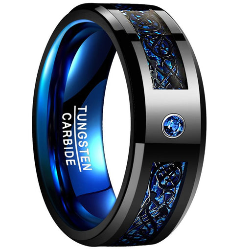 Tungsten Steel Ring Set with Black Dragon Pattern Blue Red and Green Carbon Fiber Men's Tungsten Steel Ring Ready for Dropshipping
