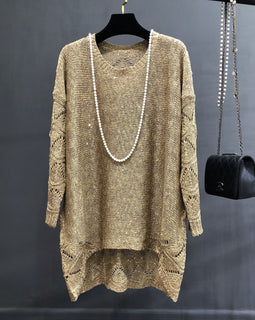 European Station plus size Loose Hollow Sequin Knitted Mid-length Base Skirt Bead dress Long Sweater for Women
