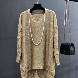 European Station plus size Loose Hollow Sequin Knitted Mid-length Base Skirt Bead dress Long Sweater for Women