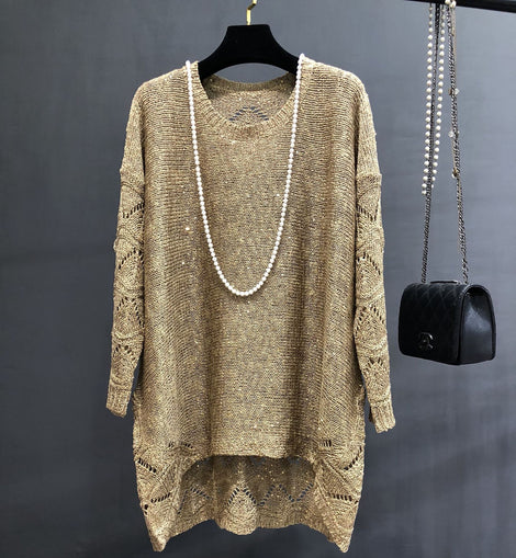 European Station plus size Loose Hollow Sequin Knitted Mid-length Base Skirt Bead dress Long Sweater for Women