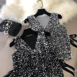 Internet Popular Short Autumn and Winter Loose Sleeveless Split Sequin Vest with Shirt Lace Women's Vest Sparkling Top Trendy
