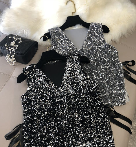 Internet Popular Short Autumn and Winter Loose Sleeveless Split Sequin Vest with Shirt Lace Women's Vest Sparkling Top Trendy