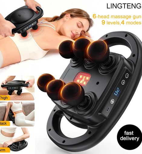 LINGTENG Massage Gun Deep Tissue, 6‑Heads Muscle Massager, Back Massager, Handheld Percussion Massage Tool, 9‑Speed Levels & 4 Modes, Christmas & Birthday Gift for Adults