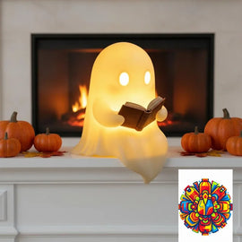 Halloween Party Favor Decoration Cute Ghost Reading Book Lamp Warm Light Desktop Ornament for Kids Room Desk Decor