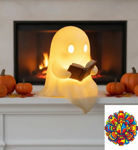 Halloween Party Favor Decoration Cute Ghost Reading Book Lamp Warm Light Desktop Ornament for Kids Room Desk Decor