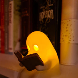 Halloween Party Decoration Favors Cute Little Ghost Sitting on A Shelf Reading A Book with Flickering Ornament Gift Spooky Idea