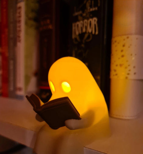 Halloween Party Decoration Favors Cute Little Ghost Sitting on A Shelf Reading A Book with Flickering Ornament Gift Spooky Idea