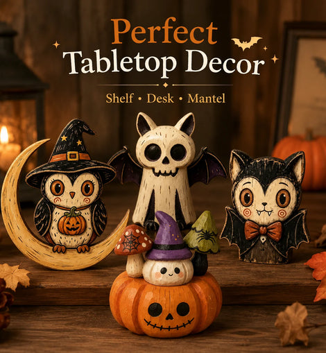 Halloween Wooden Tabletop Decor, Hand-Painted Owl Ghost Pumpkin & Vampire Cat Figurines for Shelf Mantel Party Decoration