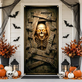 Halloween Glowing Eyes Skeleton Door Banner Creepy Broken Wood Horror Door Decor Indoor Outdoor Party Photo Hanging  Decoration