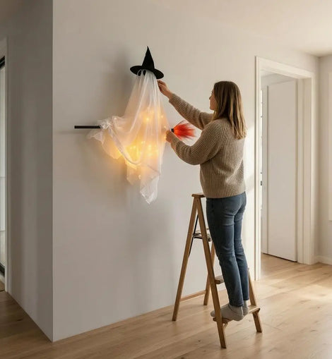 Halloween Hanging Ghost Decorations Cute Ghost Ornament Hanging Ghost with Broom Halloween Decoration Flying Witch for Haunted